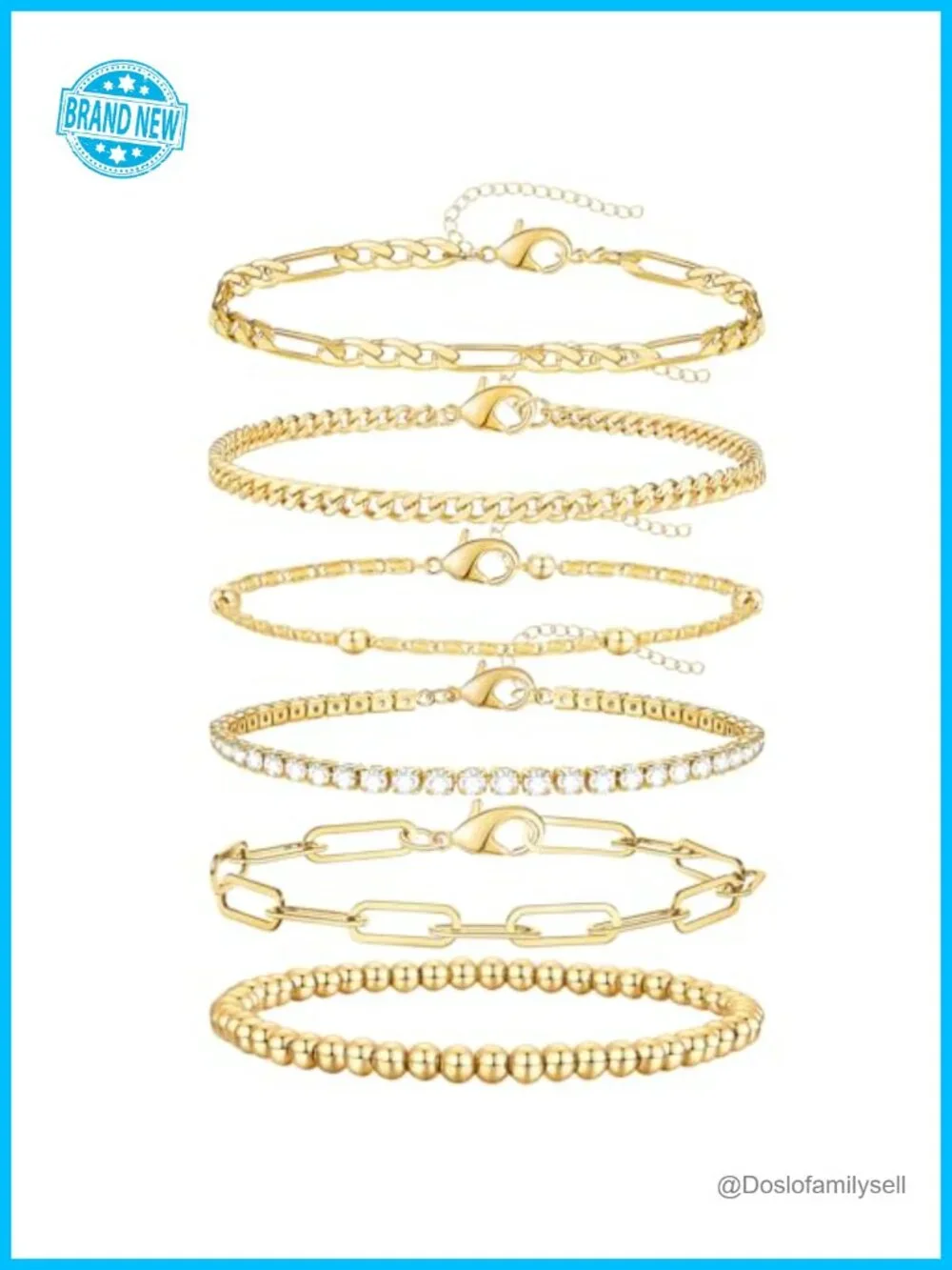 14K Gold Plated Stackable Bracelet Set Link Chain Charm Paperclip Cuban Layered